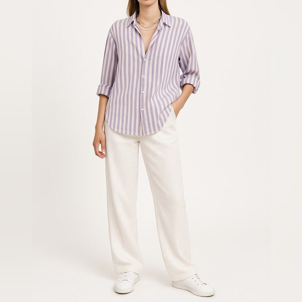 PRINCESS POLLY Oversized Striped Cotton Button-Up Shirt | Size 6 | Preppy